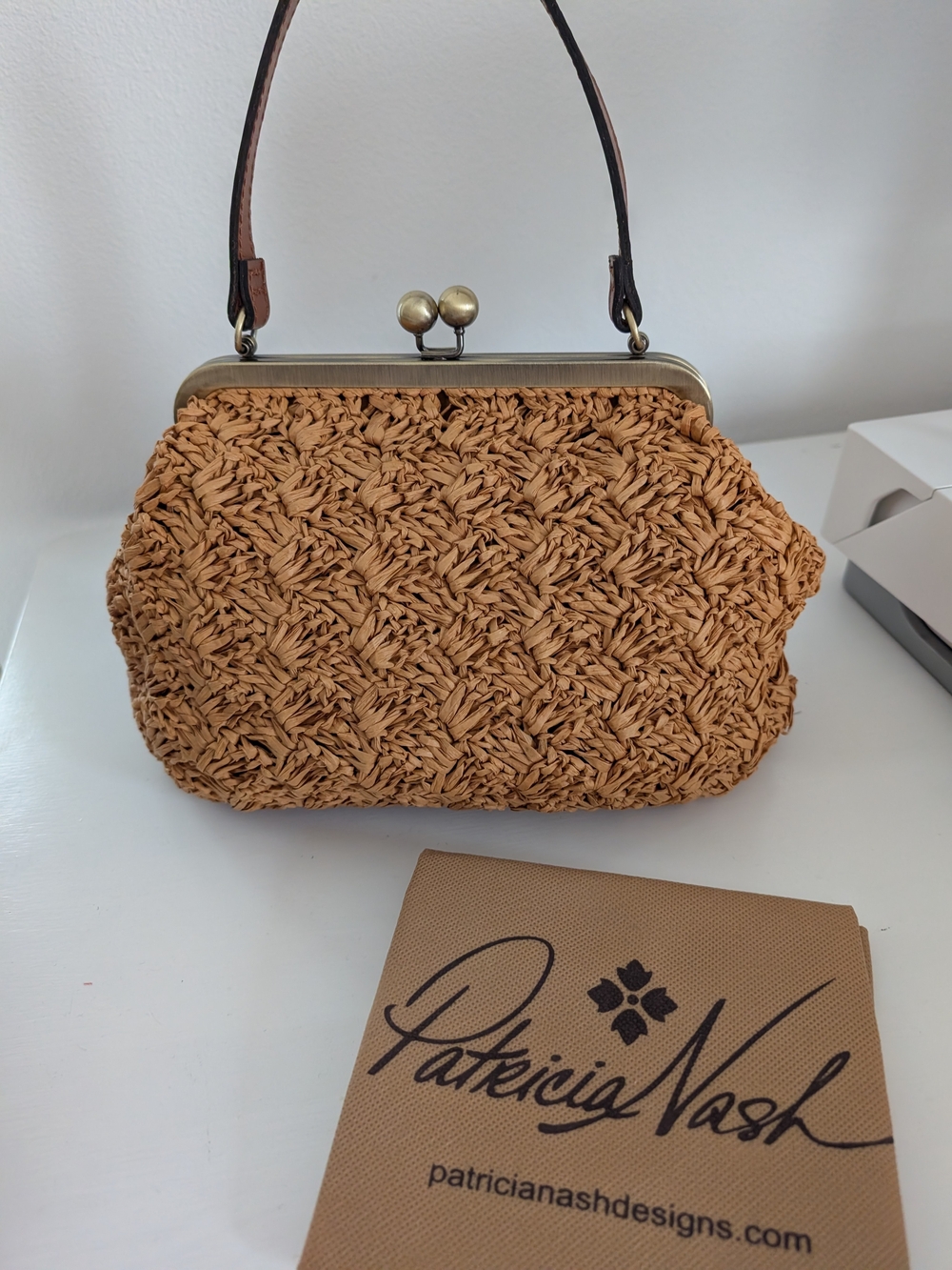 Patricia Nash Caramel Woven Straw Kiss-Lock Satchel